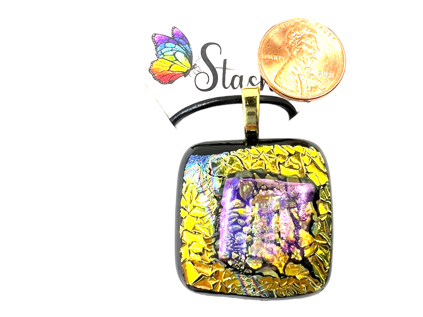 Large Fused Dichroic Glass Pendant Gold Pink Rainbow Crackle LP-110